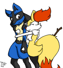 My Braixen, Ginger, hanging out with her big brother Lucario, Joshua. Apparently Braixen is really popular on Tumblr. 