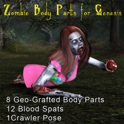 Finally! A way to Zombie-fy your Genesis characters! Zombie  Parts for Genesis gives your Genesis 1 figure damaged body parts.  You  can now have Zombies with damaged body parts or people injured from  Zombies. Check it out! Low Low Prices!Zombie Body