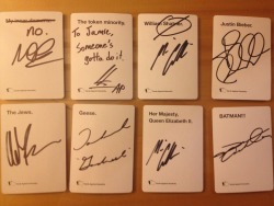 yousweptmeaway:  So I had all my autographs at VanCon be on “Cards Against Humanity” cards. I let them all pick (except Jensen) which they wanted to sign.   Order is Mark, Osric, Misha, Jared, Adam Rose, Tahmoh, Misha again, and Jensen!
