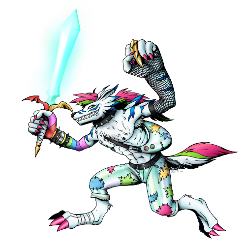 sabedilemon:   SparkleGururumonLevel: Perfect (Ultimate)Attribute: DataA  flashy Beast Man Digimon that changed form when it came into contact  with a child’s dream. It styles itself after rebellious antiheroes,  wandering around the Digital World with