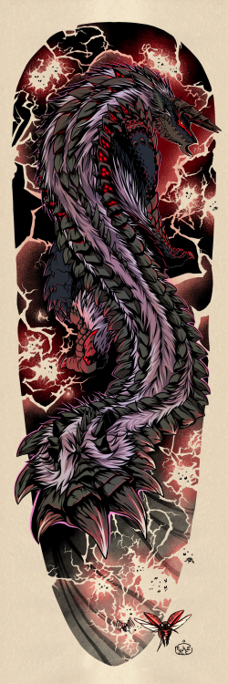punsmythee:Stygian Zinogre in japanese sleeve tattoo style!The most complicated monster to render up to date. Why so many differently shaped scales that all progress into different shapes along Zinogre’s length? Hahaha.Feel free to reblog, but please