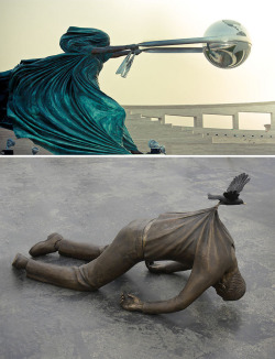 saxiquine:  takineko:  mizjesbelle:  nonjudgementalme:These are fucking amazing The figure swinging the earth –   The Force Of Nature by Lorenzo Quinn  The guy being dragged by a bird – part of an installation titled Hacienda Paradise – Utopia