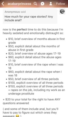 midnight-mademoiselle: yungkiitten:   wouldyoukindlynotbegross:  ⚠️ Trigger Warning ⚠️  Selling stories about being raped as a minor is not okay. I understand that she is going through a lot right now. But you cannot sell content from or about