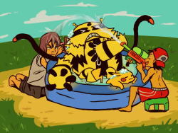 commanderpigg:   day 18: “doing something” together why not bathing their pokemon? :P (ash is a jerk) 