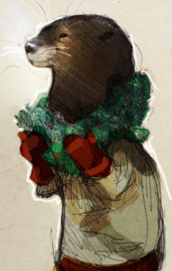 klang-art: @rowkey told me to draw an otter with a wreath a week or two ago, totally forgot I doodled him til today and I decided to color him at work.