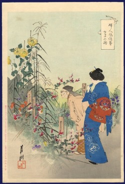 wonderlartcafe:Artist: Ogata Gekko Title: Seven flowers and plants of autumn — 七花の園 Date:1863