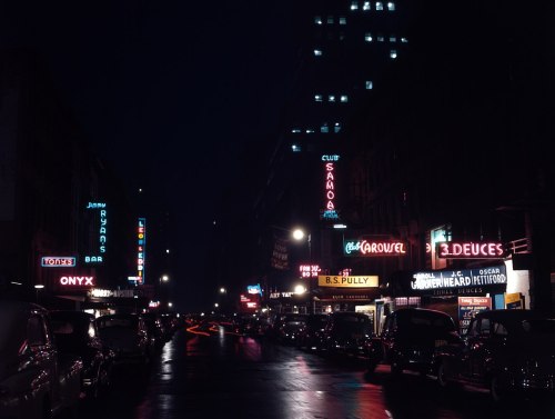 blondebrainpower:52nd Street, the street for jazz music in New York City, at night, 1948.