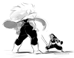 thegembeaststemple:  Some Jasper and Connie interaction! (Also wanted to point out this piece in a similar vein as the comic by @starrtles as it is very cute!)  