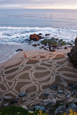  Andres Amador is an artist who uses the beach as his canvas, racing against the tide to create these large scale temporary masterpieces using a rake or stick .. Andres’ creations are simply stunning and knowing that these delicate creations are temporary