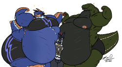 eddybelly:  eddybelly:  More big bellies being pressed hard on each other with a cute bby in the middle. Said cute bby of course being my bf. &lt;3 Eddy being and Indigo Zinogre that’ll probably be subject to change a bit design wise. Monster Hunter