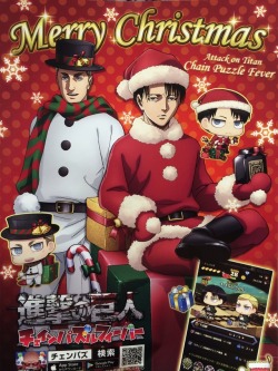 fuku-shuu: Preview visual of Erwin &amp; Levi Christmas Chimi Chara in the Shingeki no Kyojin Chain Puzzle Fever game! Update: Added a better image! Update #2: Added the best image yet!  Update #3: Added chimi chara Moblit (As Rudolph), Hanji, and