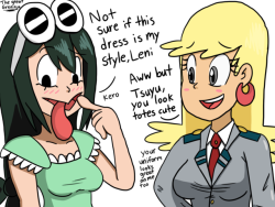 thegreatgreninja:Leni Loud &amp; Froppy (Tsuyu Asui) two of my favorite gurls, they swapped their clothes CUTIES!!!!! &lt;3 &lt;3 &lt;3