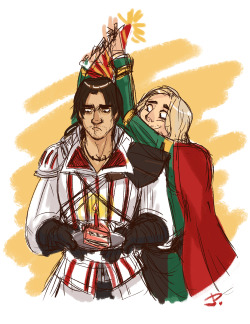 jokeritadoodle:  I almost forgot about this old man’s birthday ;u; but Leo at least prepared a birthday cake and hat!!!!!!!! Sorry Ezio, but I still love you!! HAPPY BIRTHDAY OLD MAN!! U3U *that kiss from leo* hahahahaha 