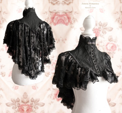 gothiccharmschool:  somniaromantica:  Capelet Arachne, with a base of sturdy fabric which looks a bit like brocade, decorated with pleated lace, broad trim and a silver plated metal clasp. Inspired by late Victorian fashion, adjusted to own design :)For