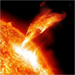 Solar flare erupting 400,000 miles into space &hellip; the small grey circle in the upper right corner represents the size of Earth (image by NASA)