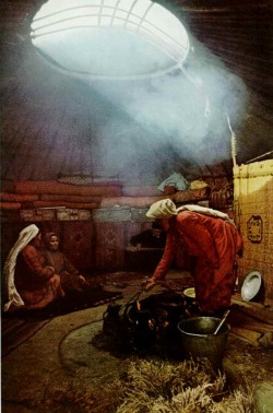 vintagenatgeographic:  Three Kirghiz wives share a yurt, Kyrgyzstan  National Geographic | April 1972 