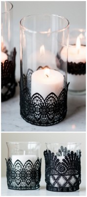 halloweencrafts:  DIY Black Lace Candle Holder Tutorial from The Sweetest Occasion. This elegant DIY Black Lace Candle Holder only requires a few supplies to make. To make this DIY Black Lace Candle Holder you will need black lace, a candle holder and