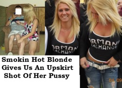 Slutty Blonde showing off upskirt pussy