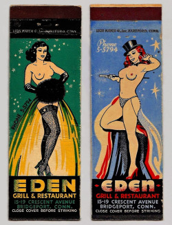STRIKING SHOWGIRLS and GOOD EATS!Vintage 50’s-era matchbook from the “EDEN Grill &amp; Restaurant” nightclub; located at 15-19 Crescent Avenue in Bridgeport, Connecticut.. 