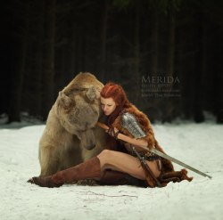 sakafai:   OMG! Incredible “extreme” cosplay called Merida by the model Tina Rybakova. Photo by Dasha Kond  ”I need a bear for my cosplay. You need a what? A bear. 5 years, an exotic pet license, and 15,000 dollars later we get this. Dedication…”