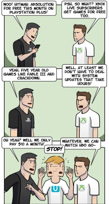 insanelygaming:  Playstation Plus vs. Xbox Live (click through for a hidden bonus panel) Created by dorkly   PlayStation &gt; XboX