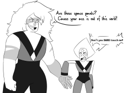 mad-scorpio:  Continuation of Jasper and really bad pick-up lines, inspo curtsey of pietersitemite Look at her and her smug face, she think she’s soooo smooth. Peridot has little to no patience for you Jasper, not today.  teehee I love these two &lt;3