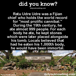 did-you-kno:  Ratu Udre Udre was a Fijian chief who holds the world record for “most prolific cannibal.” During the 19th century, he ate almost 999 people. For each body he ate, he kept stones which were later placed alongside his tomb. Locals believed
