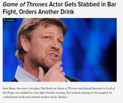tamflakes:  johnnyis:  whisperingghosts:  stardogchampion:  Sean Bean is the fucking man.  It left out the part where he was defending a female friend from a creep in the fight and how he used a first aid kit to stitch up his own stab wound.  One does