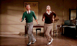 pluckyredhead:shananaomi:  otfilms:  Singin’ in the Rain (1952)  these men are such fundamentally different dancers but especially at slow GIF speed it’s clear how perfectly precise they were as a duo.  Donald O’Conner was actually nervous about