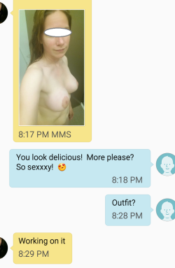 stlhotwifescuck:  The text conversation with my Hotwife in Her hotel room.Â  Â She texted when she got out of the shower, put on Her lingerie, took off the lingerie, and then took Her bullâ€™s load all over her perfect tits. 