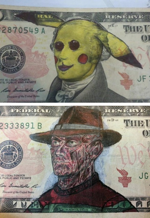 transposing:  tastefullyoffensive:  Money Art by SingsInKitchensPreviously: Artist Adds Monsters to Thrift Store Paintings  Yo this is cool but you just defaced 180 bucks… 