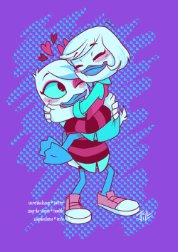 soup-du-silence:  @weblenaweek day #5: she’s a huggerearly on i realized i was going to be drawing a whole lot of the same stuff over and over so i started doing weird things with color and this is the result of that. i havent decided if i regret it