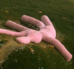 needsmoreexplosions:annnmoody: annnmoody:   annnmoody:   annnmoody:   coolthingoftheday:  In 2005, a group of artists in Italy built a giant 200-foot-long plushie rabbit in the countryside, and just left it there. It’s been there ever since.  (Source)