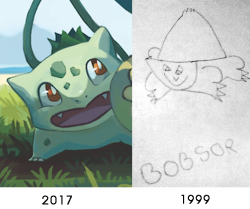 pokemonheritageposts:  earthbison:  smoo-draws:  copperbadge:  earthbison: My most recent Bulbasaur vs my first when I was 6 years old xD I love the 2017 bulbasaur, he’s gorgeous and the shading and color work is amazing, but honestly my first instinct