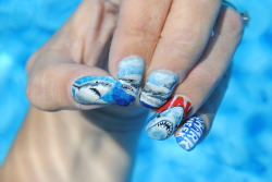nailpornography:   Shark Week! (And Jaws) and Shark Weeks Logo. Hand painted  submitted by chrissynailart like these nails? GO VOTE 