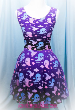 thekawaiimachine:  Graveyard Ghosts Printed Skater Dress (Available in multiple color prints!)http://thekawaiimachine.etsy.com Save 10% off every order with no minimum from now until January 4th with the code KAWAIINEWYEAR!