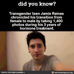 did-you-kno:  Transgender teen Jamie Raines chronicled his transition from female to male by taking 1,400 photos during his 3 years of hormone treatment.                Source   Jamie’s Tumblr   DAMN! Does anyone have a similar thing for mtf? ^^ 