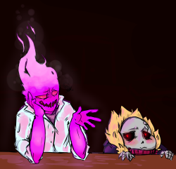 unbridled-trash:i feel like Underfell Grillby would be the type to bitch about his patrons at night