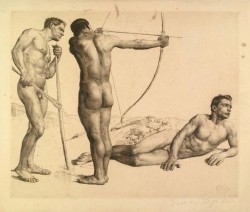 Erich Wolfsfeld (1884-1956) Three male nudes, archers, etching, 65,4 x 79,3 cm.