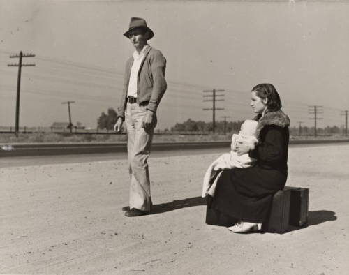  Poor 24-year-old father and 17-year-old  mother attempt to hitchhike with their baby on California&rsquo;s U.S. Highway  99, November 1936.  Dorothea Lange/Farm Security Administration via New York Public Library Nudes &amp; Noises  