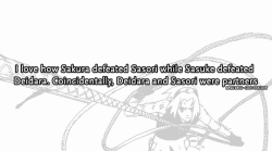 sasusaku-confessions:  “I love how Sakura defeated Sasori while Sasuke defeated Deidara. Coincidentally, Deidara and Sasori were partners”-submitted by @ara-yna