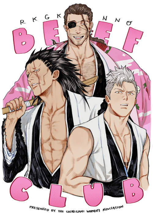 rkgknno:  beef club beef club (Rangiku bullied Hisagi into taking pictures of Kensei and Kenpachi for them, and Rukia went to take a photo of the captain commander &lt;3) 