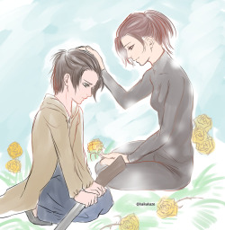 kaikakaze:  Yellow roses = forgiveness In memory of Sasha, the best and most awesome sniper in the survery corps.  I also wrote it in Insa before, but I’ll write it again. I am very upset about Sashas death, but I can’t hate Gabi for shooting her. 