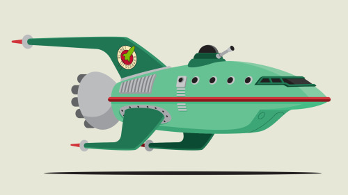 scottparkillustration:  The bright green (well, technically it’s electric mucus) Planet Express ship, aka; Old Bessie. Powered by dark matter (and later whale oil), the Planet Express ship doesn’t actually move. Instead it’s Dark Matter Accelerator