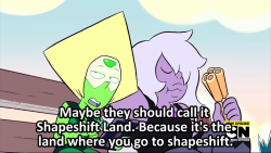 chefpyro:  I like this little moment. Because it shows that Amethyst understands Peridot. She knows at this point that Peridot is simply bitter and irritable in nature, and not to hold it against her. She asks a question, Peridot responds with a bitter