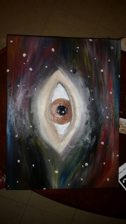 Oil painting on canvas, the eye is made with plaster and melted wax from 2 ½ large skinny emergency candle sticks,then painted over with oil paints!!!!