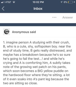Ohhhhhhhh noooo what a cute lil short story anon!! 💛🙈✨😭 Poor B with his lil anxiety accident I just want to hug him and help clean him up x3but now he’s all happy and in love and it cute as hell, this is what I’m here for!!! 💛Thank you