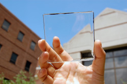 scienceisbeauty:Solar energy that doesn’t block the view.Solar power with a view (above): transparent luminescent solar concentrator module that can create solar energy but is not visible on windows or other clear surfaces.Below, a transparent luminescent