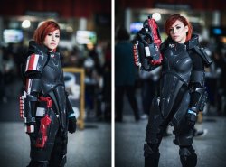 dorkly:  FemShep Cosplay Honestly, you give ANYONE that much carbon-fiber and hair dye, they’re gonna look pretty badass. Cosplayer: Tarrre