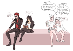 dashingicecream:  [click pic for full-view] blake and adam are like….. spying on the schnee sisters while they’re going out on the town because evil white fang reasons blake’s hidden cat ears hear all ur gay whispers, weiss 